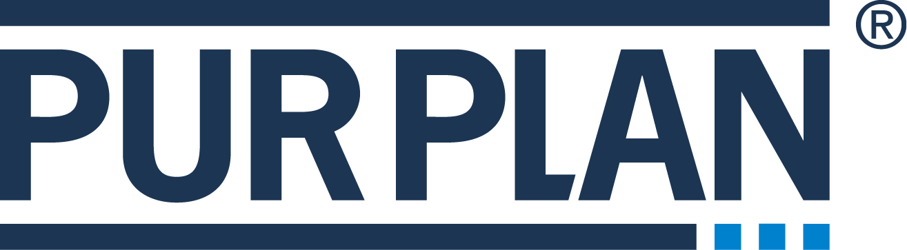 PURPLAN Logo, blauer Schriftzug mit drei blauen Quadraten und einem Registered-Zeichen.